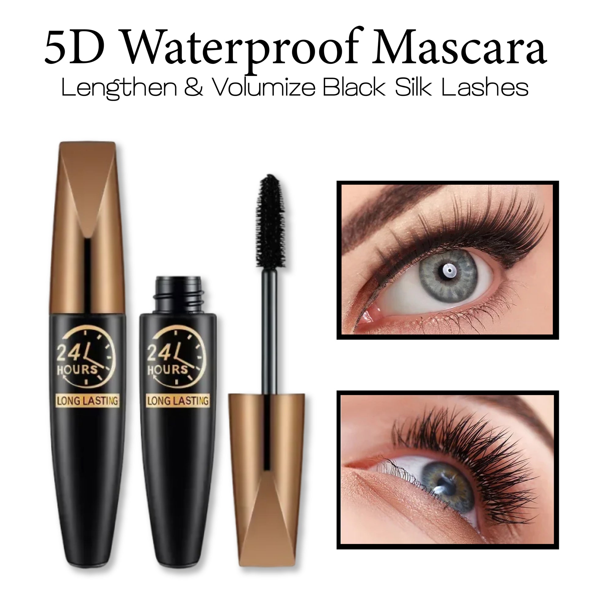 5D Waterproof Mascara – Lengthen & Volumize Black Silk Lashes