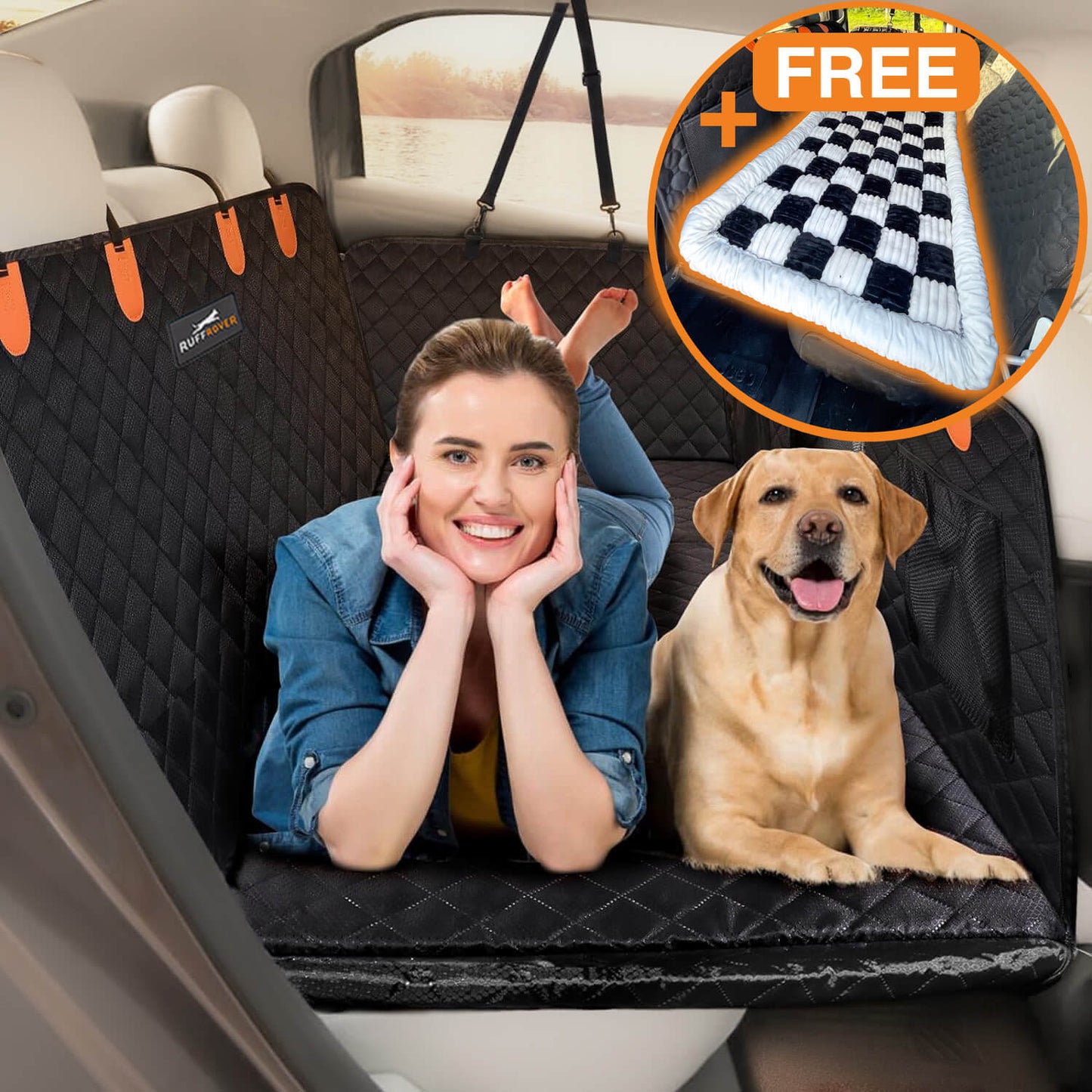 Hard Bottom Car Seat Cover Backseat Extender 2.0 with Free dog Bed