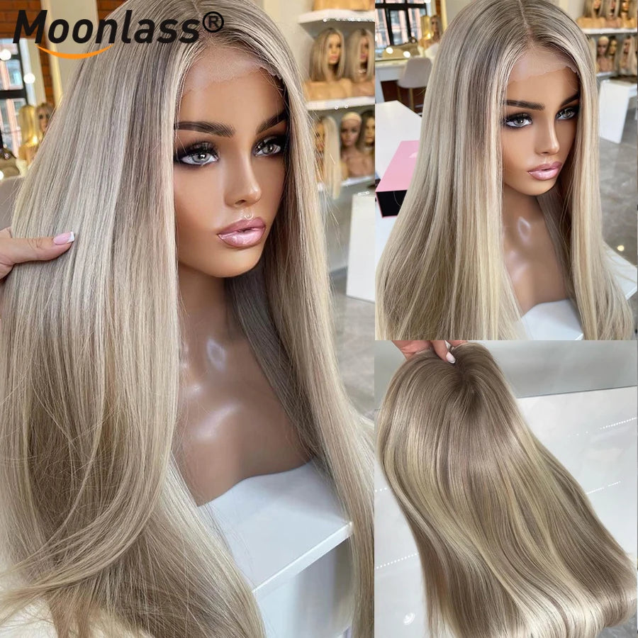 Highlight Ash Blonde Straight Human Hair Wig – 180% Density - Zenith Cart