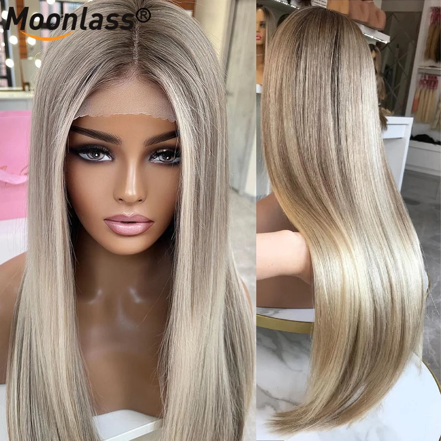 Highlight Ash Blonde Straight Human Hair Wig – 180% Density - Zenith Cart