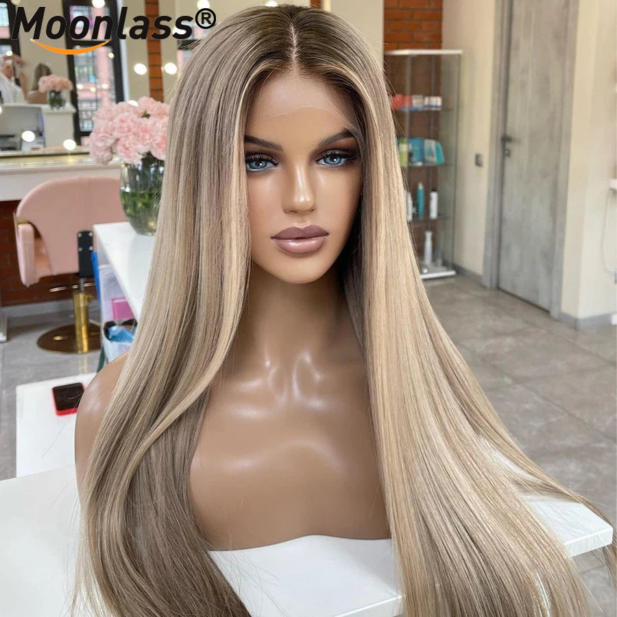 Highlight Ash Blonde Straight Human Hair Wig – 180% Density - Zenith Cart